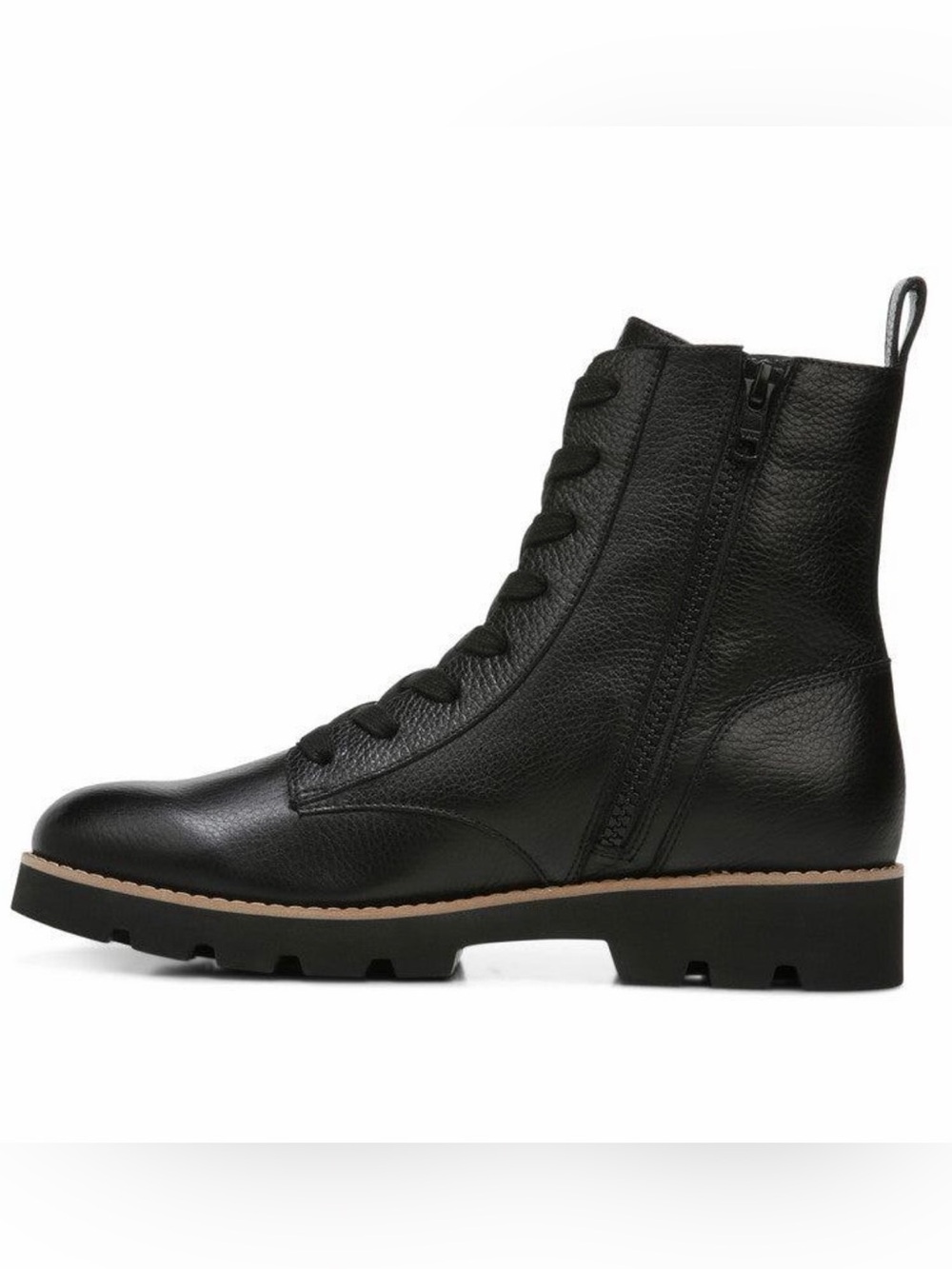 Vionic Lani Black Leather Lace Up Combat Lug Sole Boots